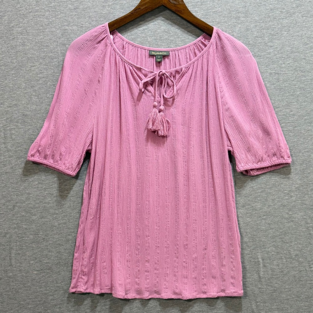 Style & Co Peasant Top Womens M Pink Short Sleeve Metallic Tassel Boho Lurex